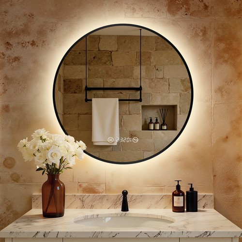 Led badspiegel rund mit uhr - led,